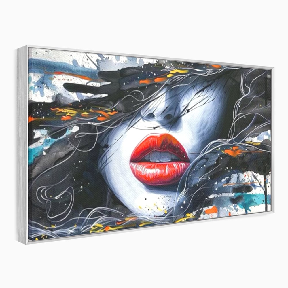 Tablou canvas cu tablou canvas cu buze rosii si par abstract, in rama de aluminiu argintiu
